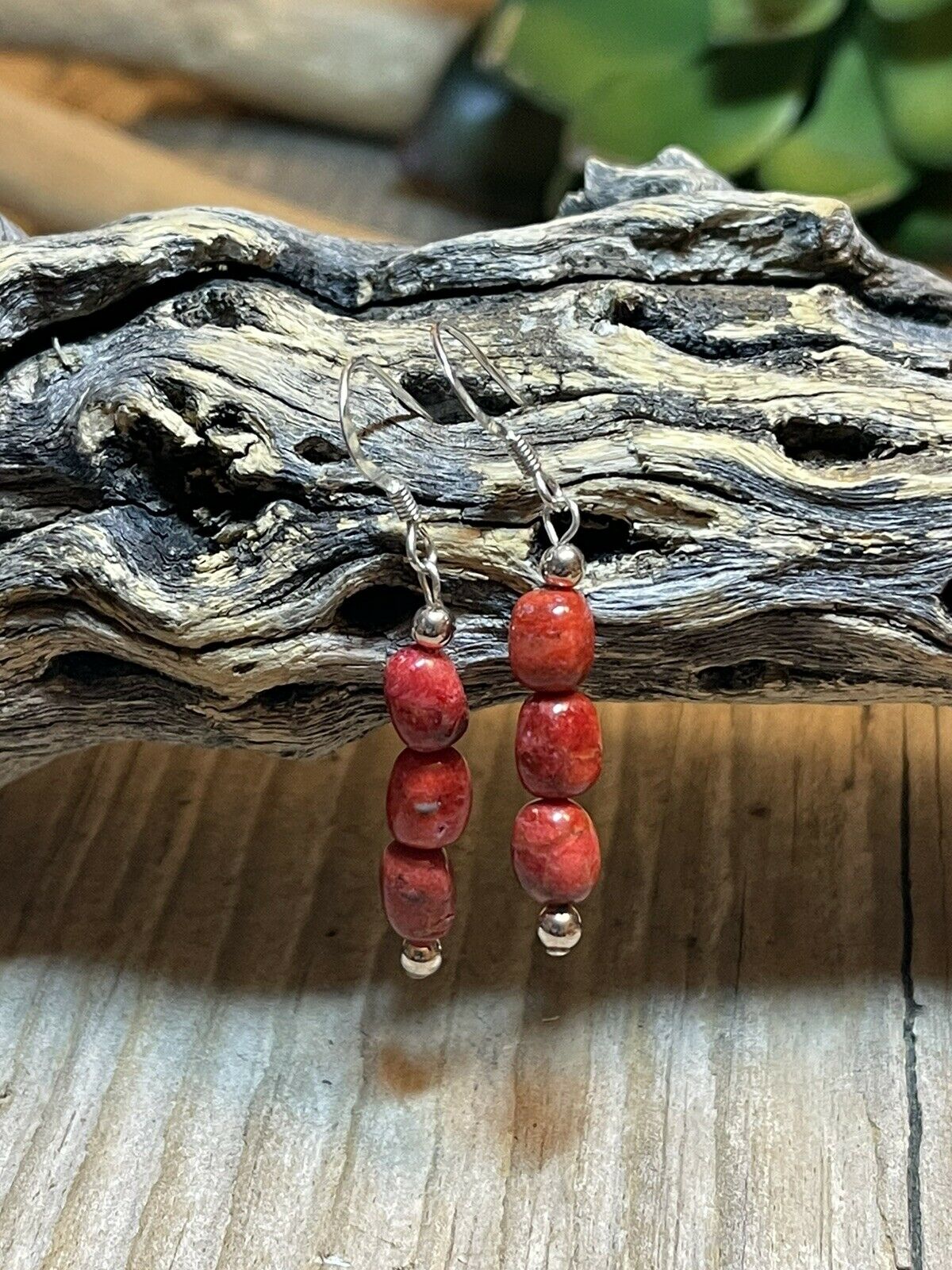 Handcrafted Sterling Silver 3 Stone Apple Coral Dangle Earrings