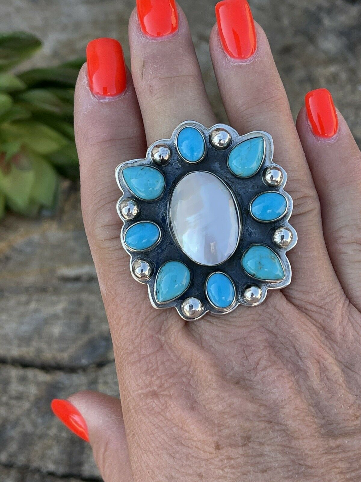 Handcrafted Cluster Turquoise & Mother Of Pearl Sterling Silver Ring Sz Is Adjustable