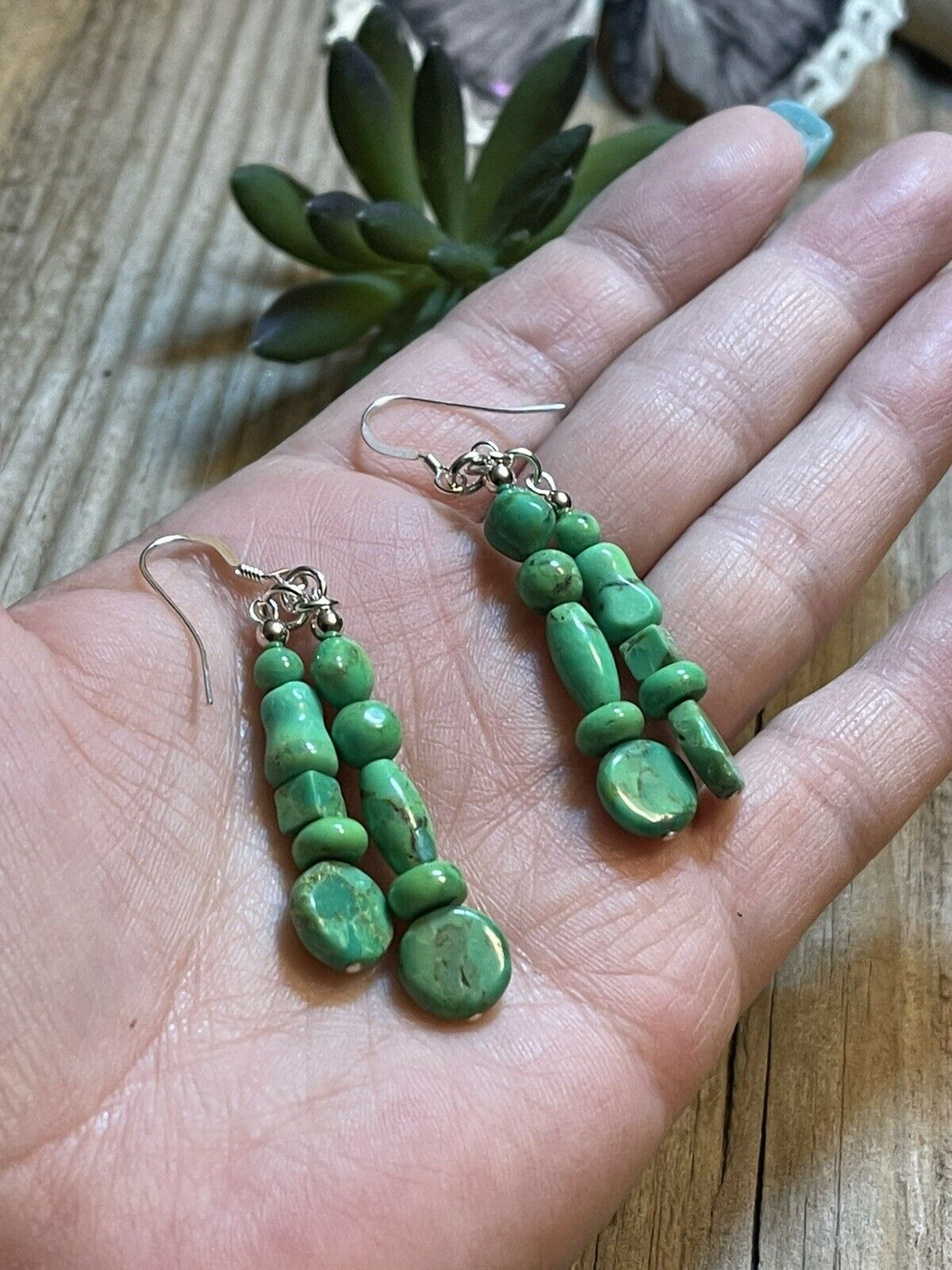 Handcrafted Sterling Dyed Green Kingman Turquoise Multi Bead Earrings