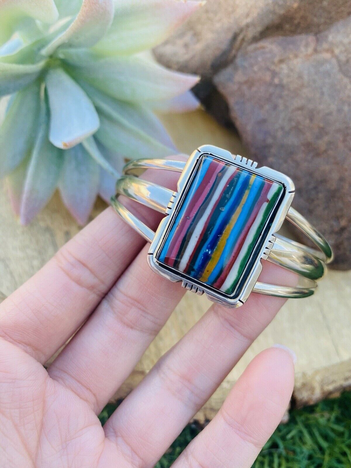 Handcrafted Sterling Silver & Rainbow Rectangle Cuff Bracelet