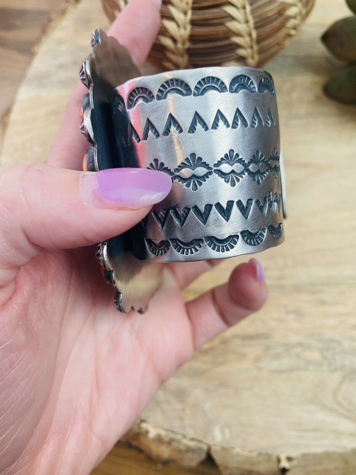 Handcrafted Orange Spiny, Turquoise & Sterling Silver Cuff Bracelet Signed /