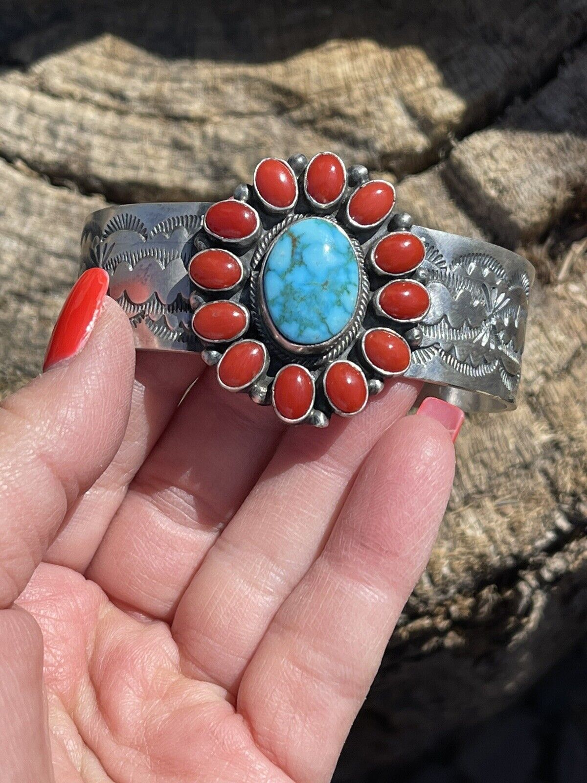 Navajo Sterling Kingman Web Turquoise & Red Coral Taos Bracelet Cuff by Bobby Johnson /