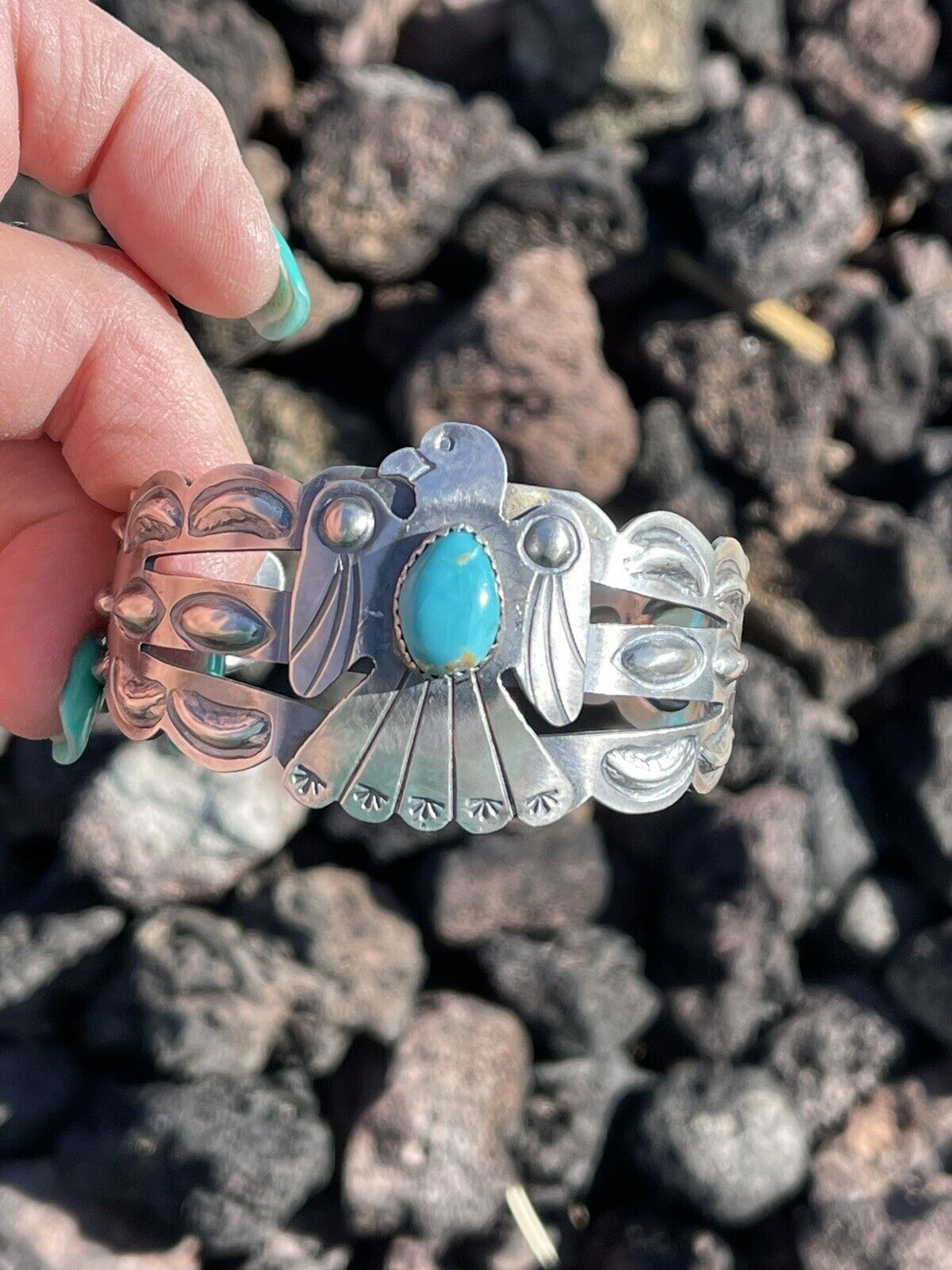 Sterling Silver Handcrafted Stamped Turquoise Thunderbird Cuff