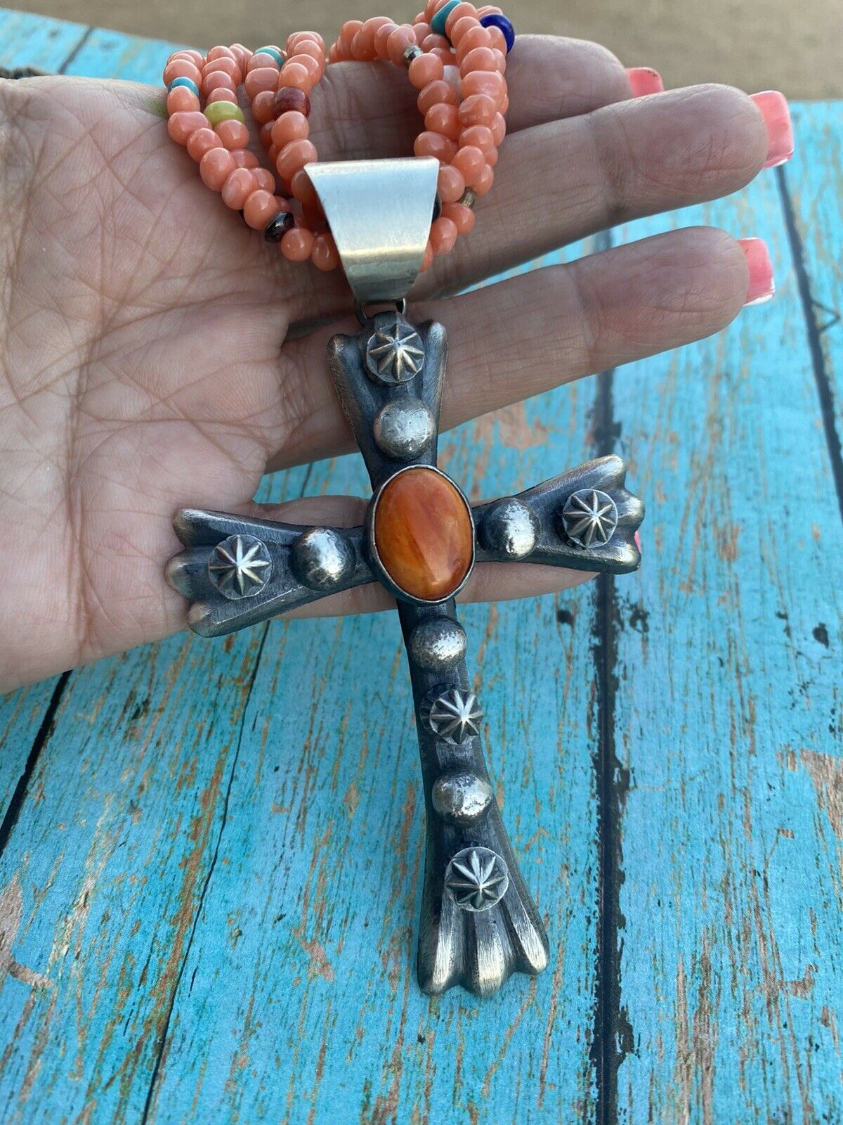 Navajo Sterling Silver & Orange Spiny Shell Cross Pendant Chimney Butte