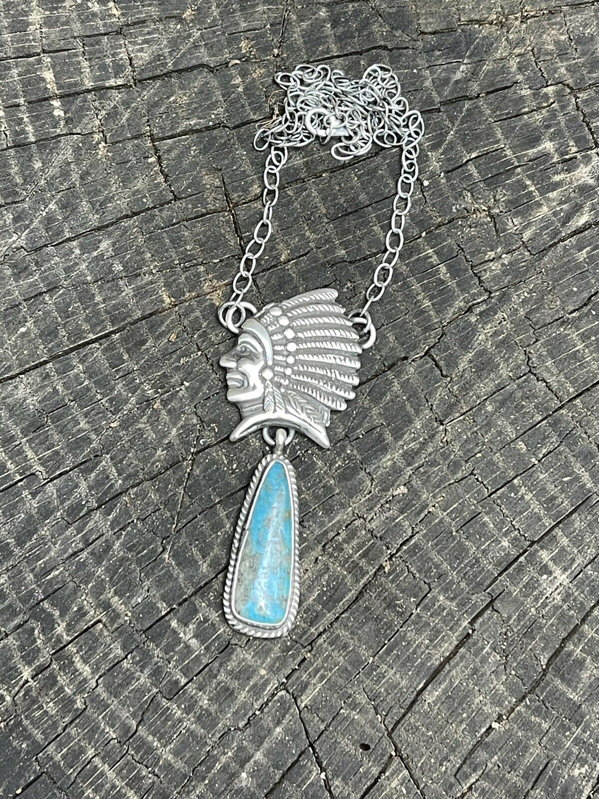 Handcrafted Sterling Silver Indian Chief Royston Turquoise Drop Necklace