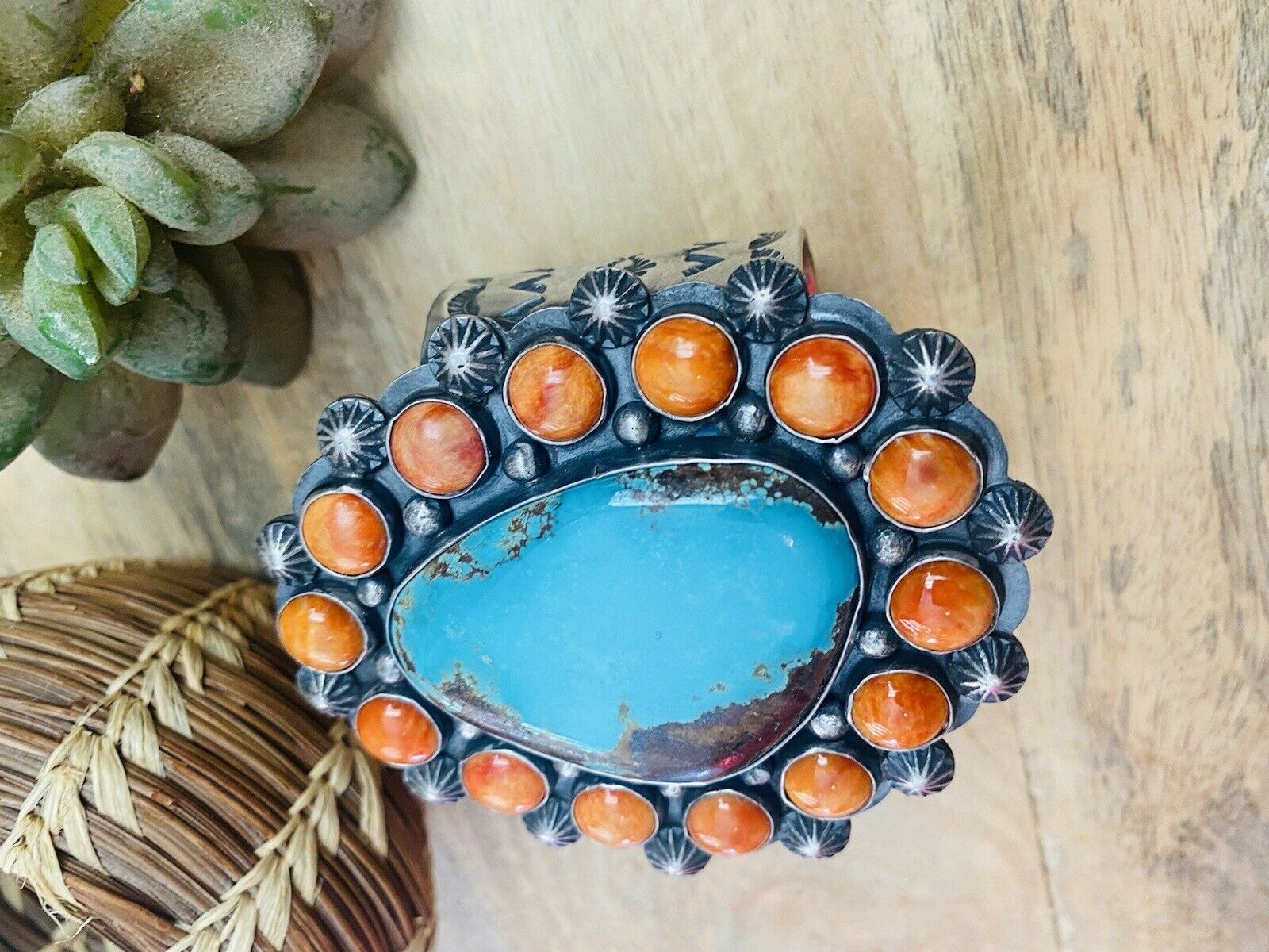Handcrafted Orange Spiny, Turquoise & Sterling Silver Cuff Bracelet Signed /