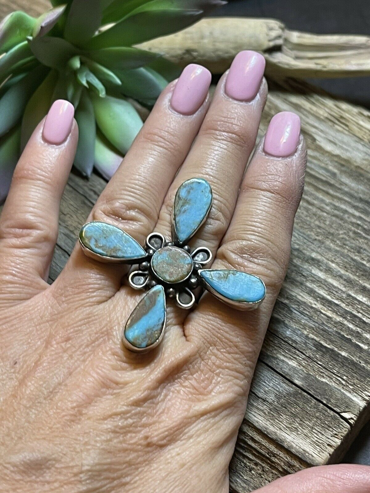 Handcrafted Sterling Silver & Royston Turquoise Scroll Petal Ring Size 7 Signed