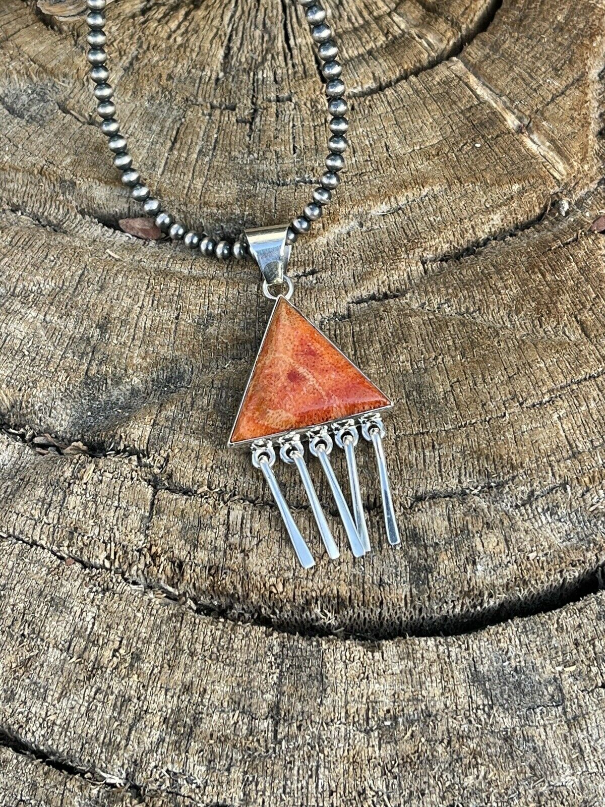 Handcrafted Sterling Silver Orange Spiny TrIangle Fringe Pendant Signed