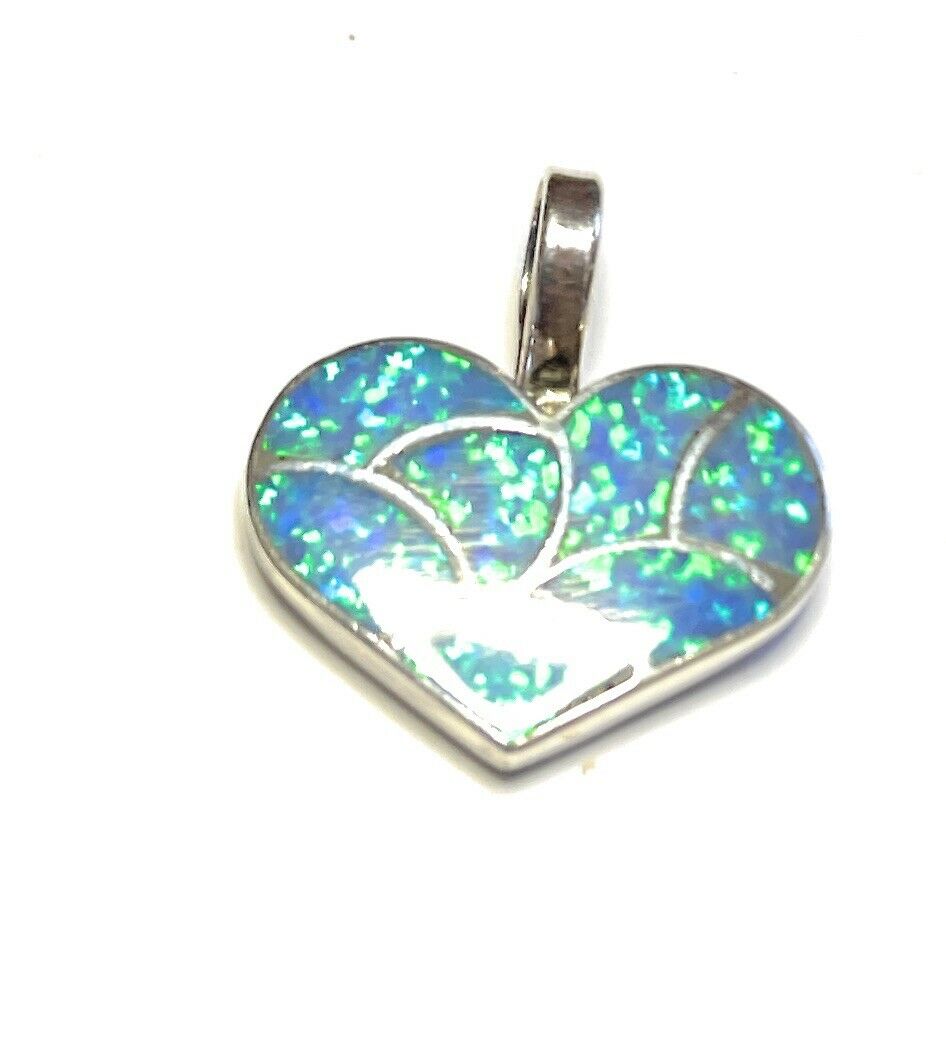 Zuni Iridescent Blue & White Opal & Sterling Silver Heart Pendant