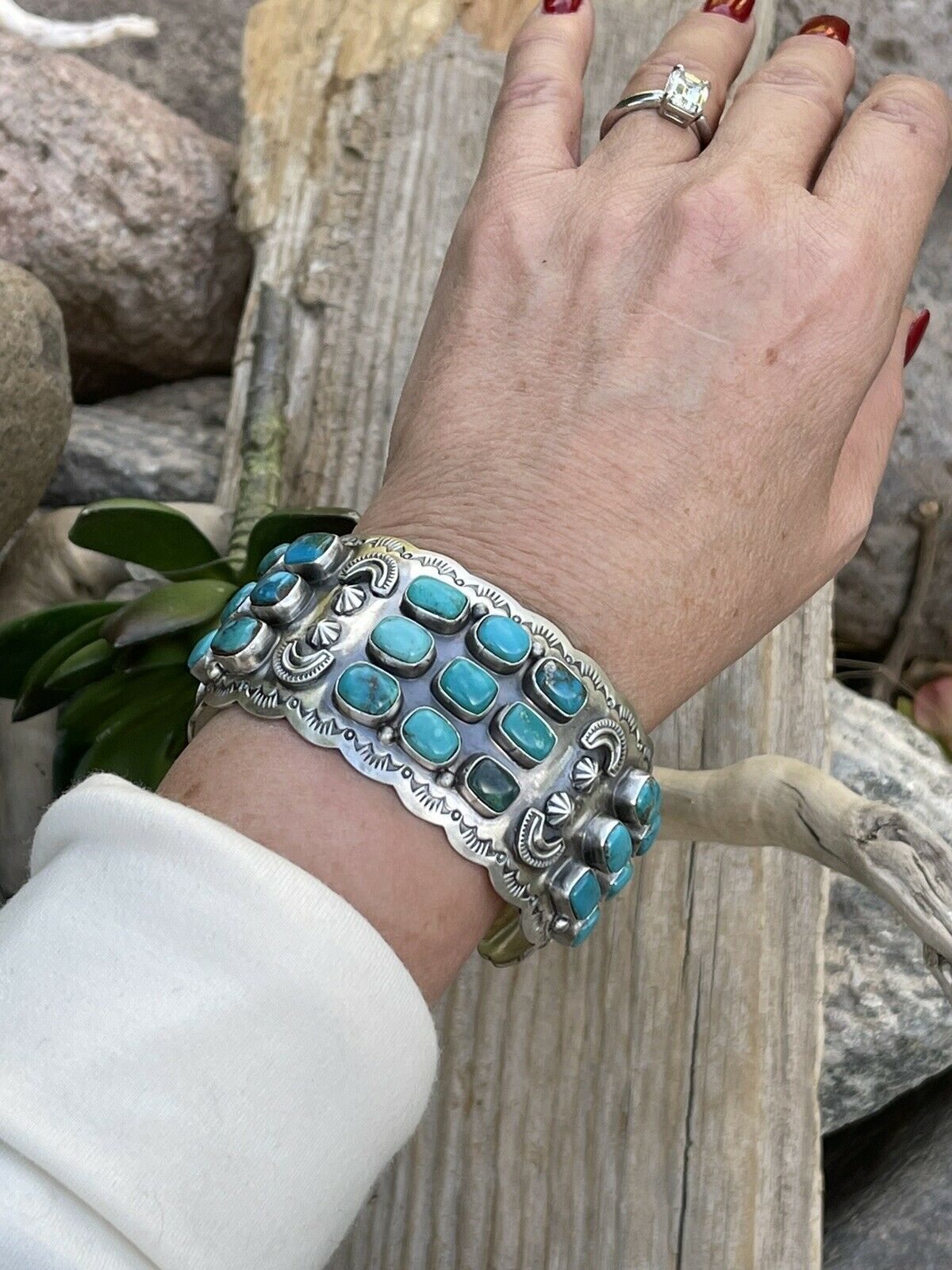 Stunning Turquoise Cluster & Sterling Silver Cuff Signed /