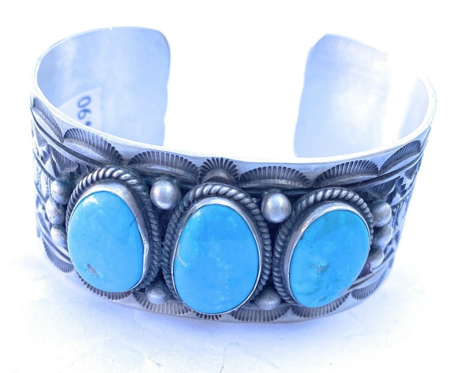 Handcrafted Vintage Turquoise & Sterling Silver Hand Stamped Cuff Bracelet /