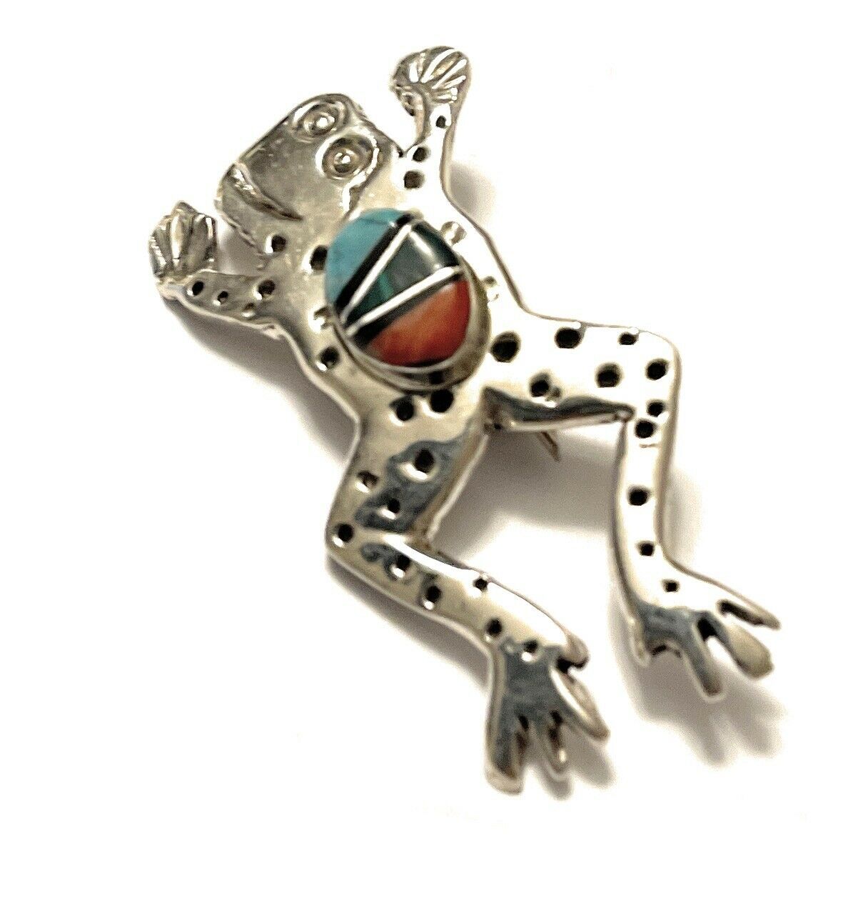 Handcrafted Sterling Silver Multi Stone Leap Frog Pendant Pin Signed