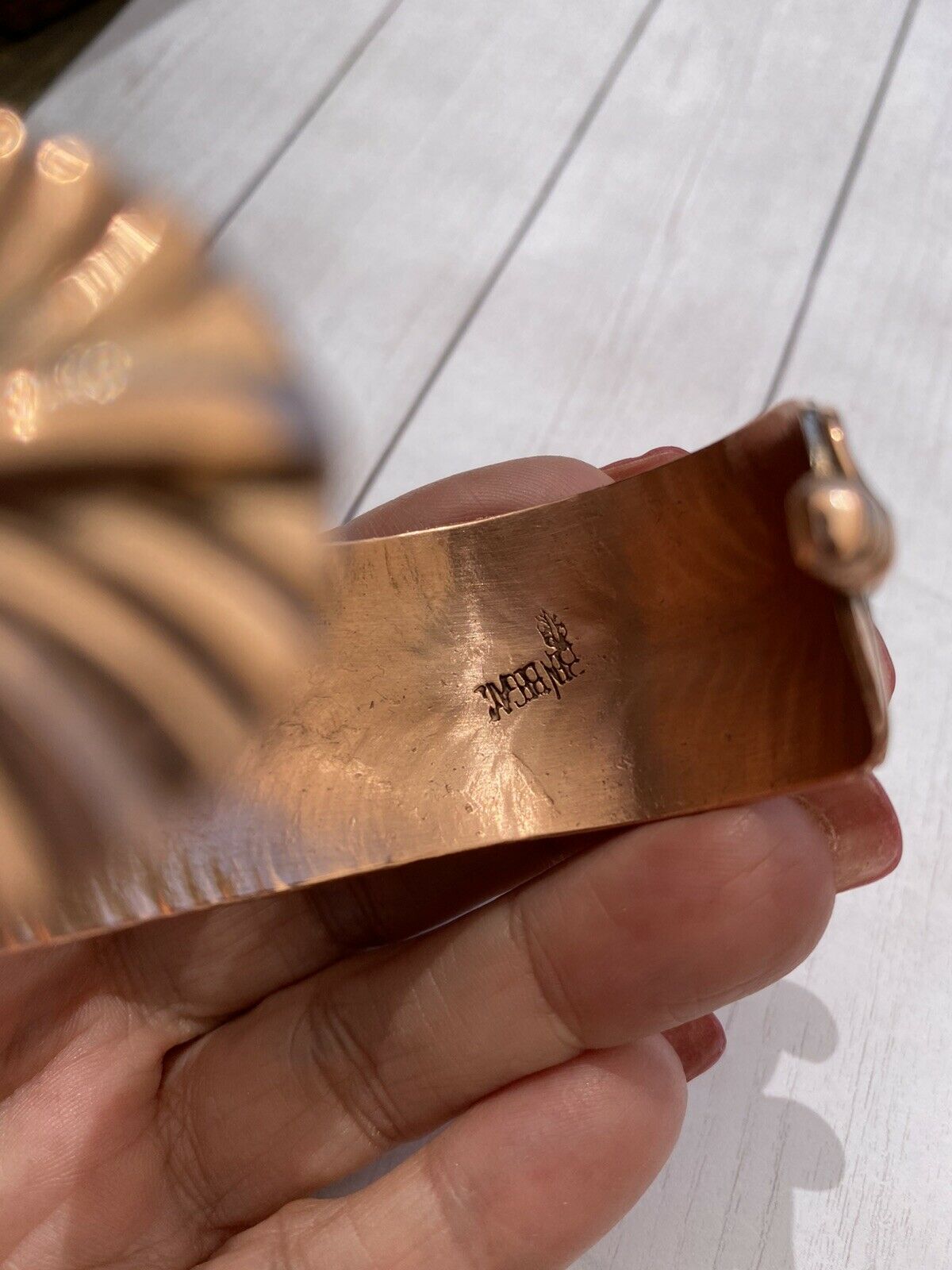 Handcrafted Copper Hand Stamped Feather Bracelet Cuff