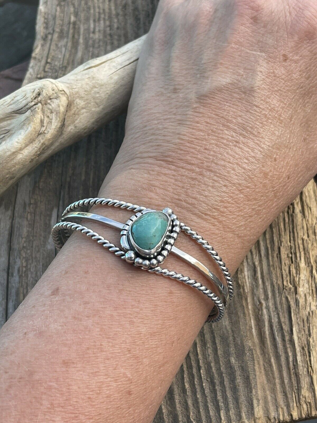 Handcrafted Royston Turquoise & Sterling Silver Cuff Bracelet Signed By Artist