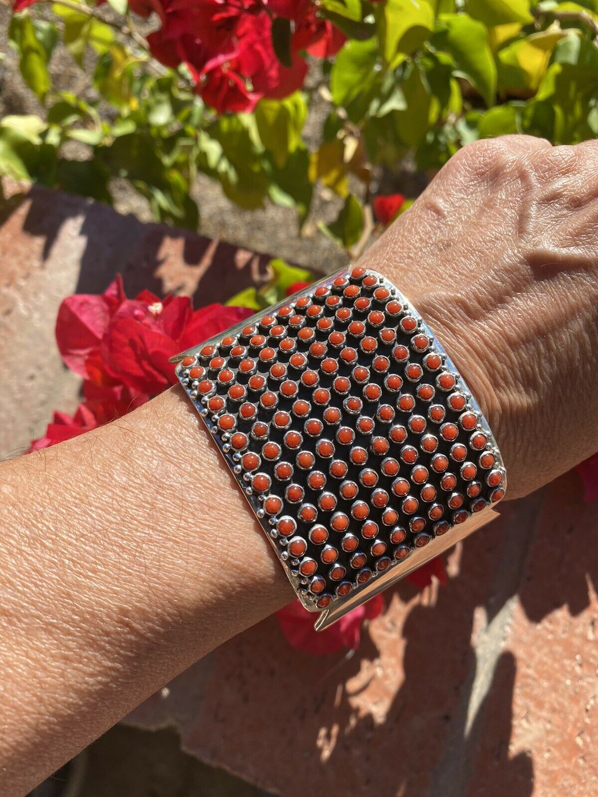 Navajo Natural Coral & Sterling Silver Cuff Bracelet By Paul Livingston /