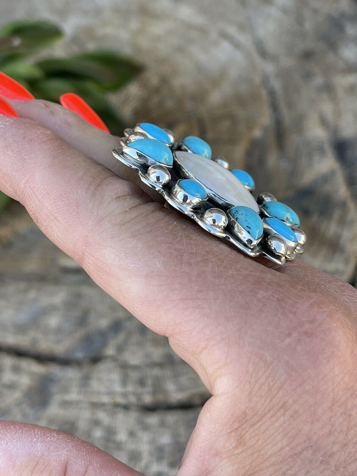 Handcrafted Cluster Turquoise & Mother Of Pearl Sterling Silver Ring Sz Is Adjustable