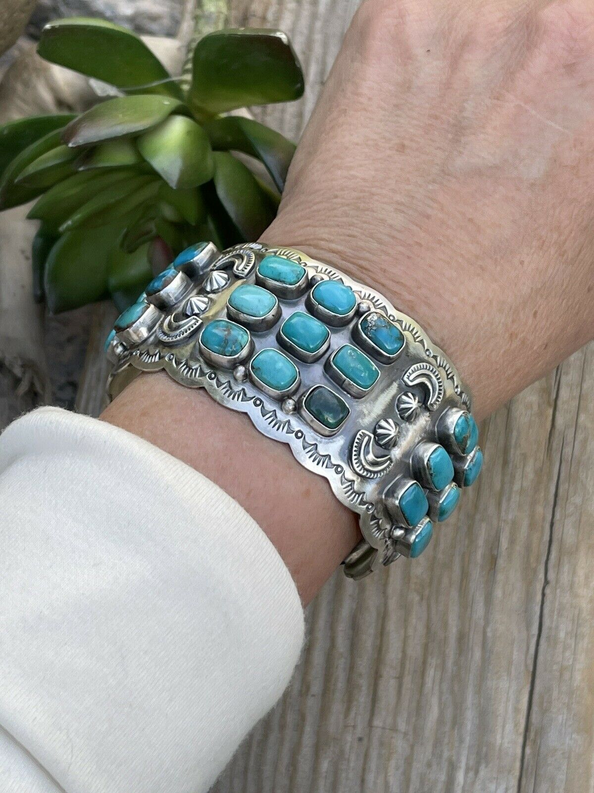 Stunning Turquoise Cluster & Sterling Silver Cuff Signed /