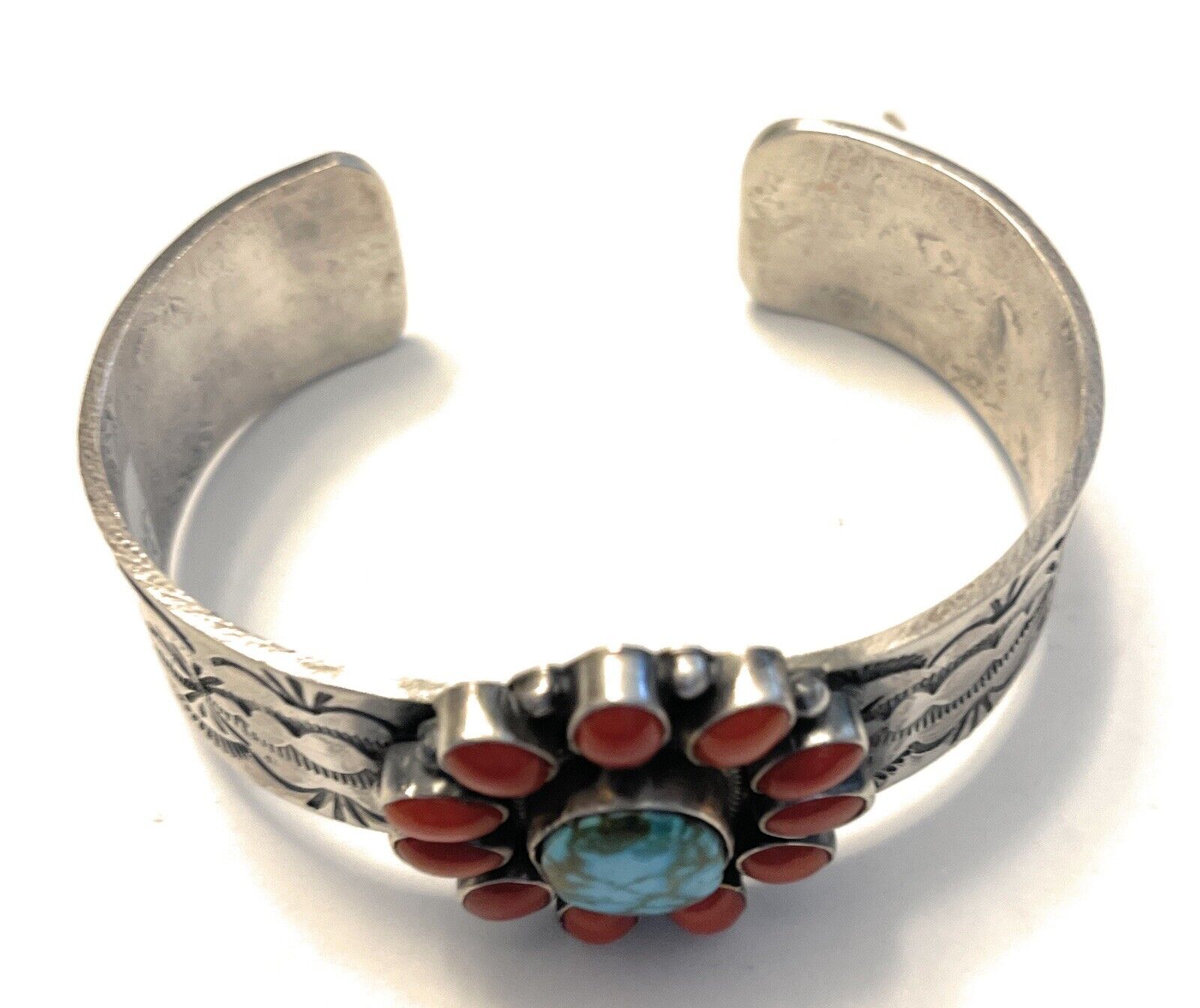 Navajo Sterling Kingman Web Turquoise & Red Coral Taos Bracelet Cuff by Bobby Johnson /