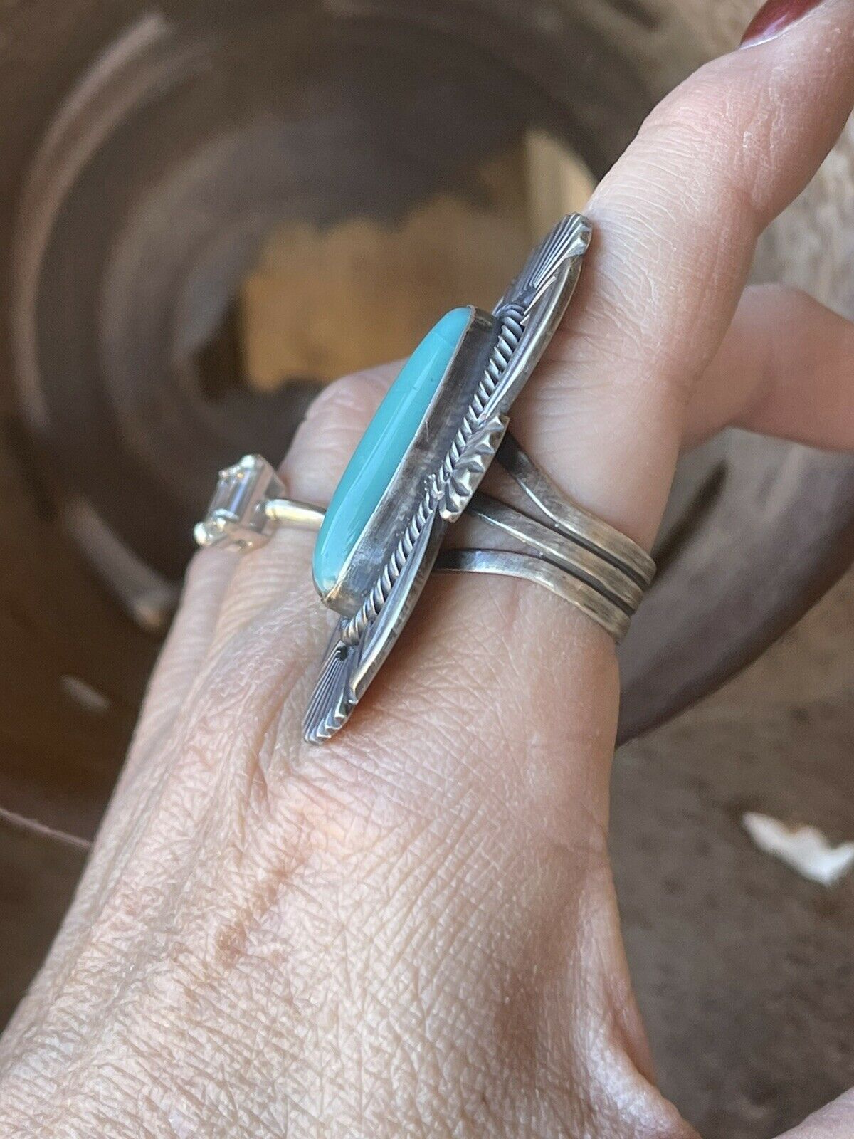 Handcrafted Turquoise & Sterling Silver Navajo Deco Ring Size 7.5