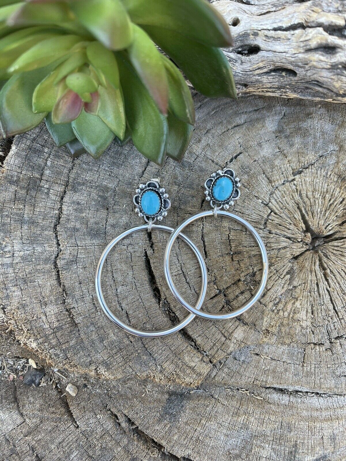 Handcrafted Turquoise & Sterling Silver Dangle Hoop Earrings