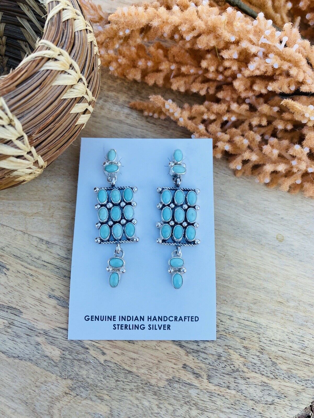 Handcrafted Turquoise & Sterling Silver Cluster Dangle Earrings Signed