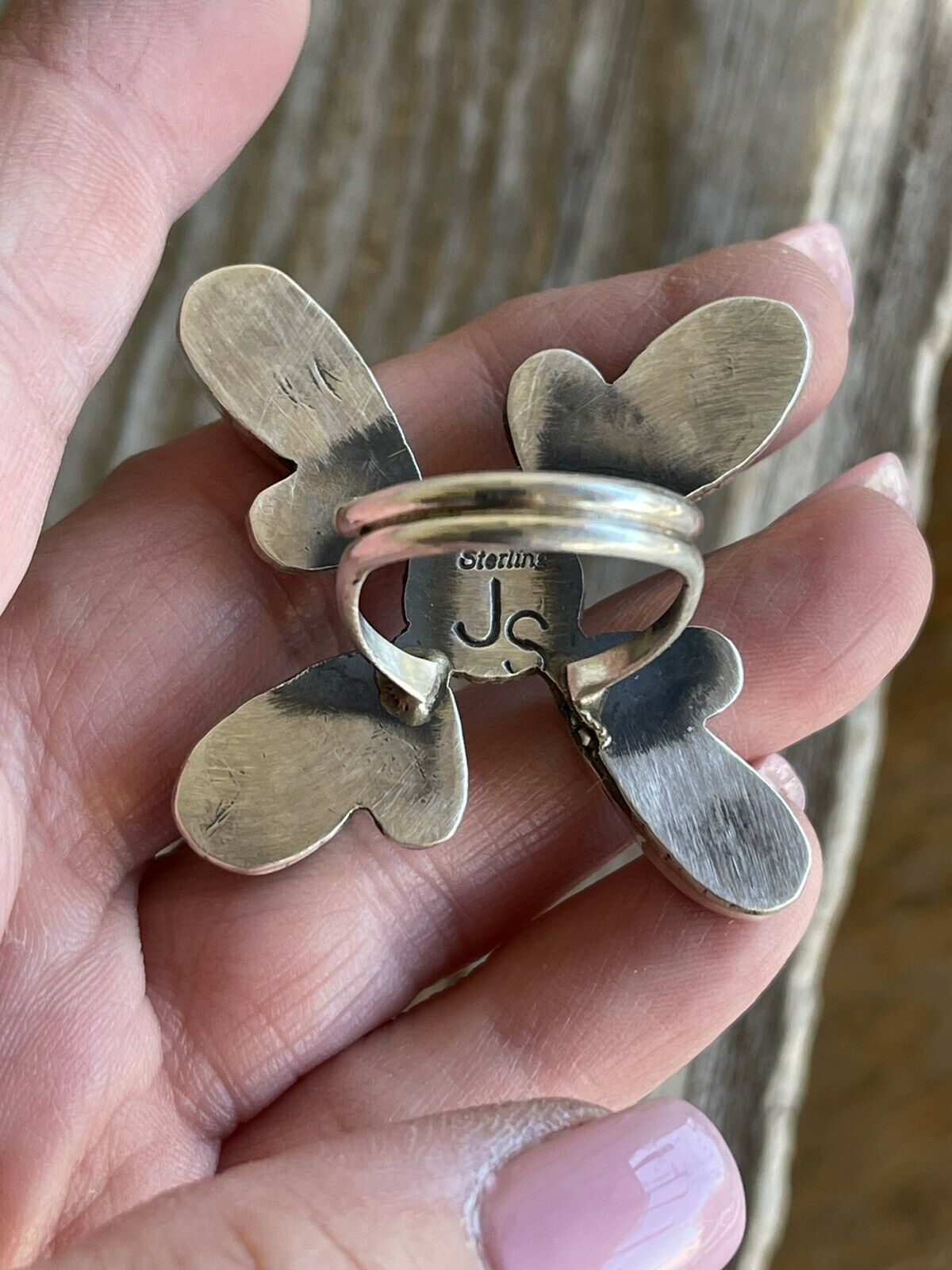 Handcrafted Sterling Silver & Royston Turquoise Scroll Petal Ring Size 8. Signed