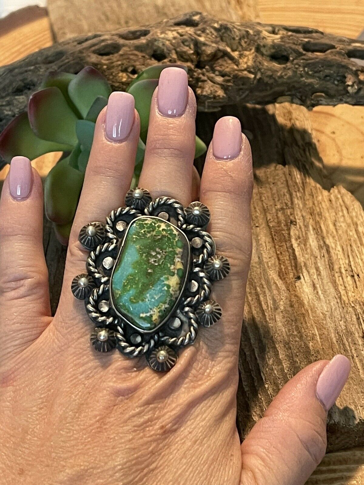 Handcrafted Stunning Natural Royston Turquoise & Sterling Ring Size 7.