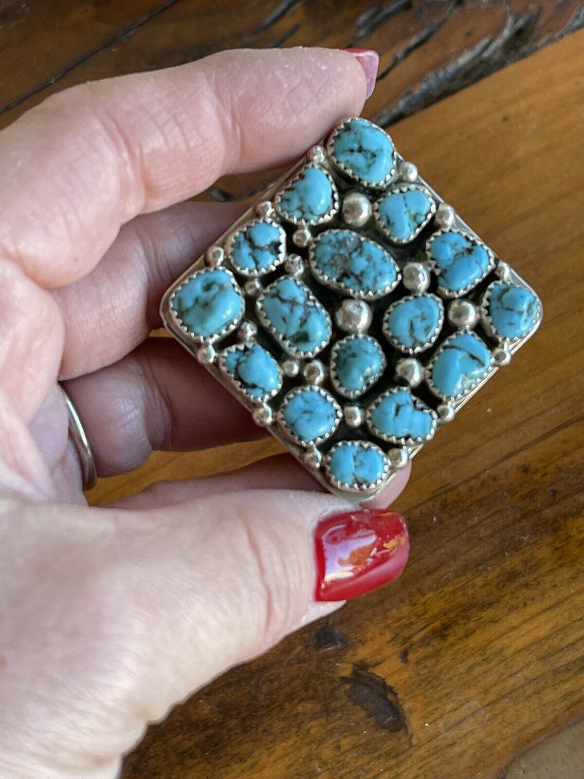 Handcrafted Sterling Silver Square Platform Kingman Turquoise Wide Band Ring Sz 9