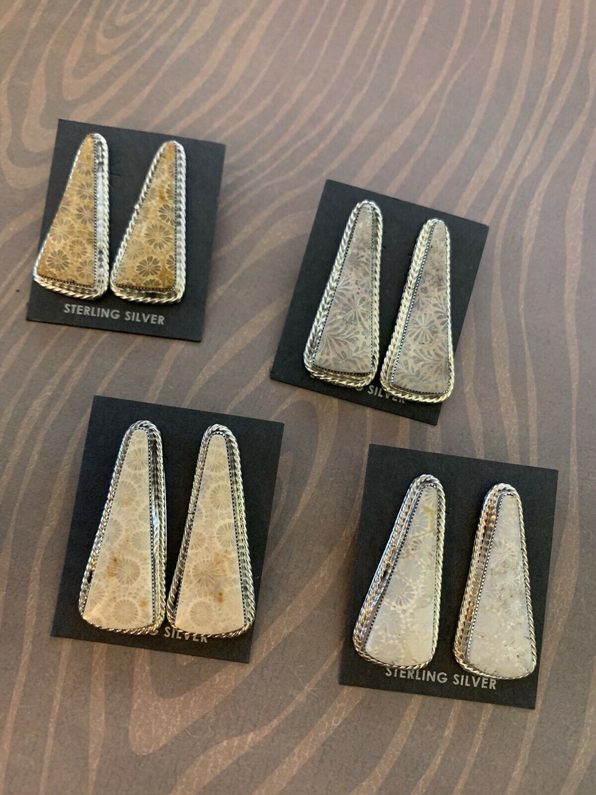 Handcrafted Fossilized Coral & Sterling Silver Post Earrings Signed