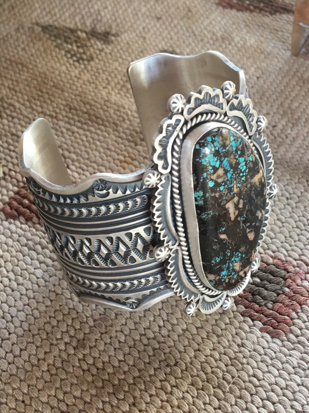 Handcrafted Royston Turquoise Sterling Silver Handstamped Cuff Signed