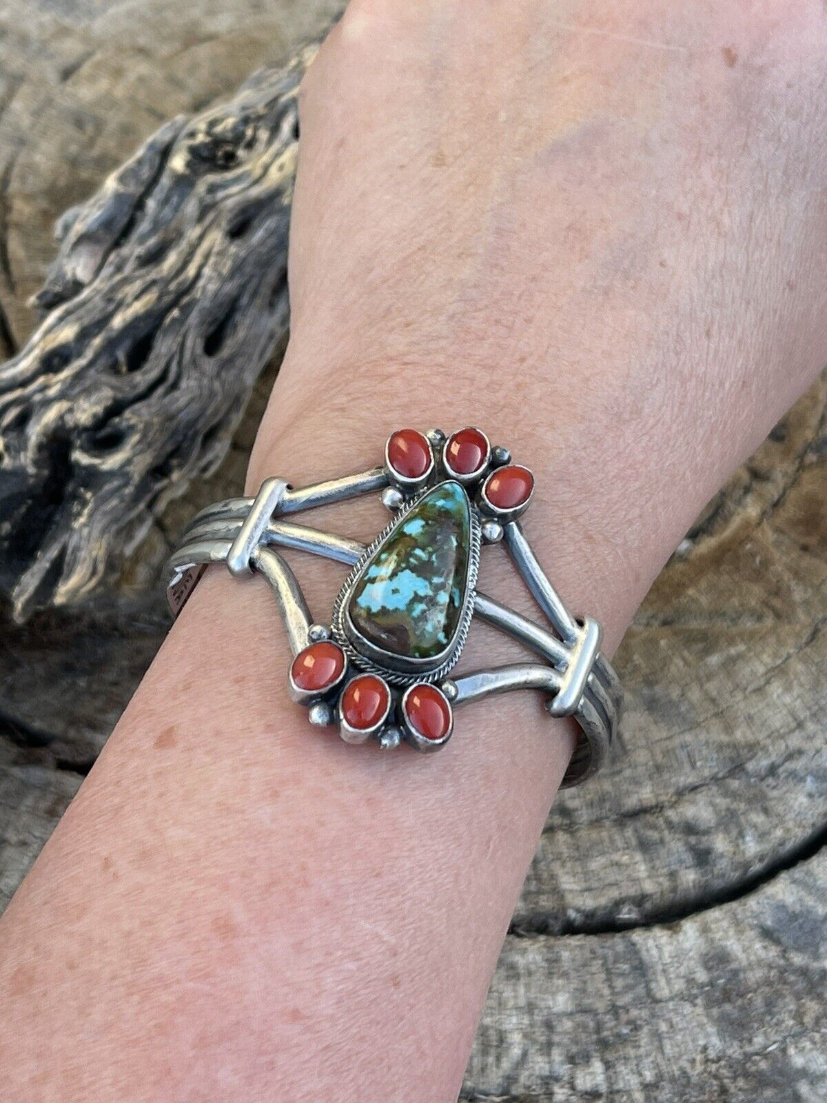 Navajo Sterling Kingman Web Turquoise & Red Coral Taos Bracelet Cuff by Bobby Johnson /