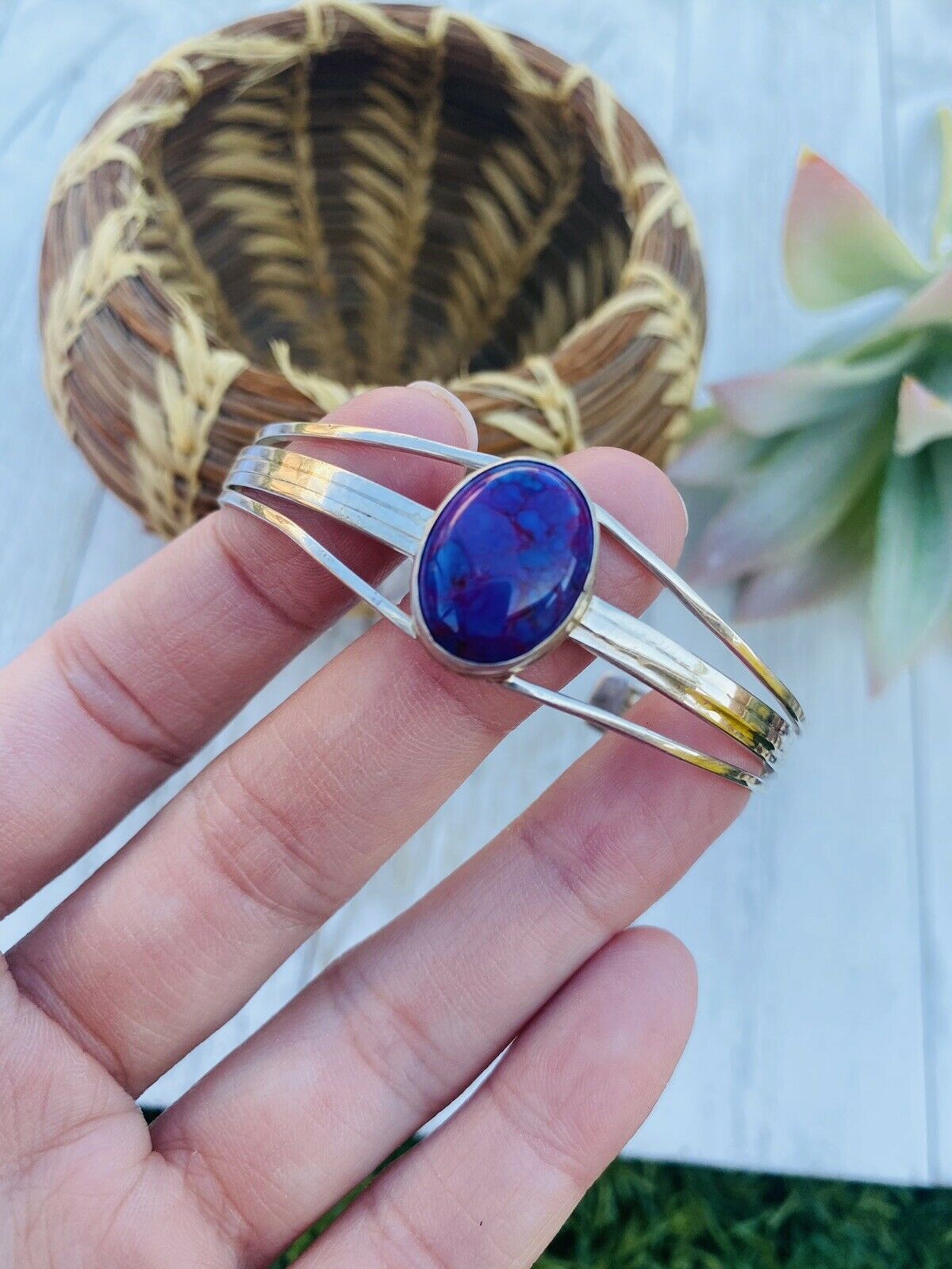 Handcrafted Purple Kingman Turquoise & Sterling Silver Cuff Bracelet Signed