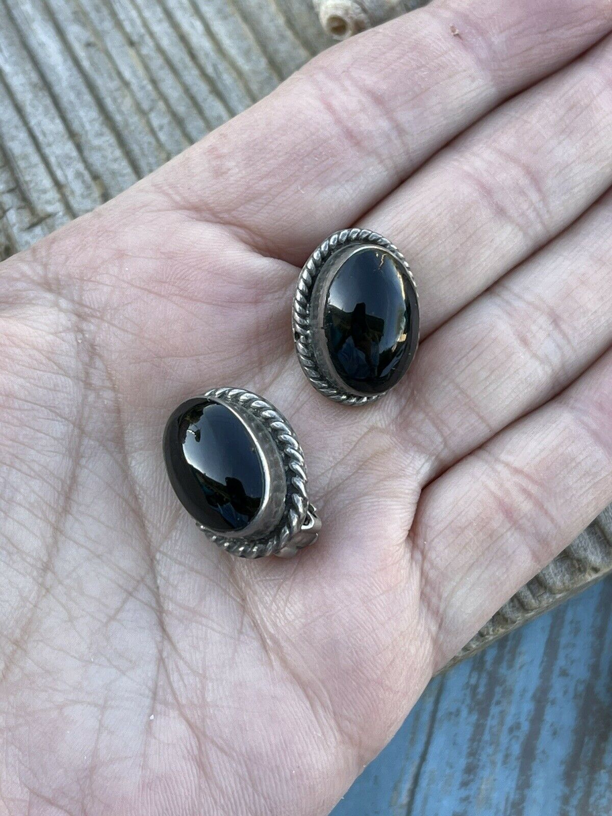 Handcrafted Vintage Sterling Silver Black Onyx Oval Clip On Earrings Signed