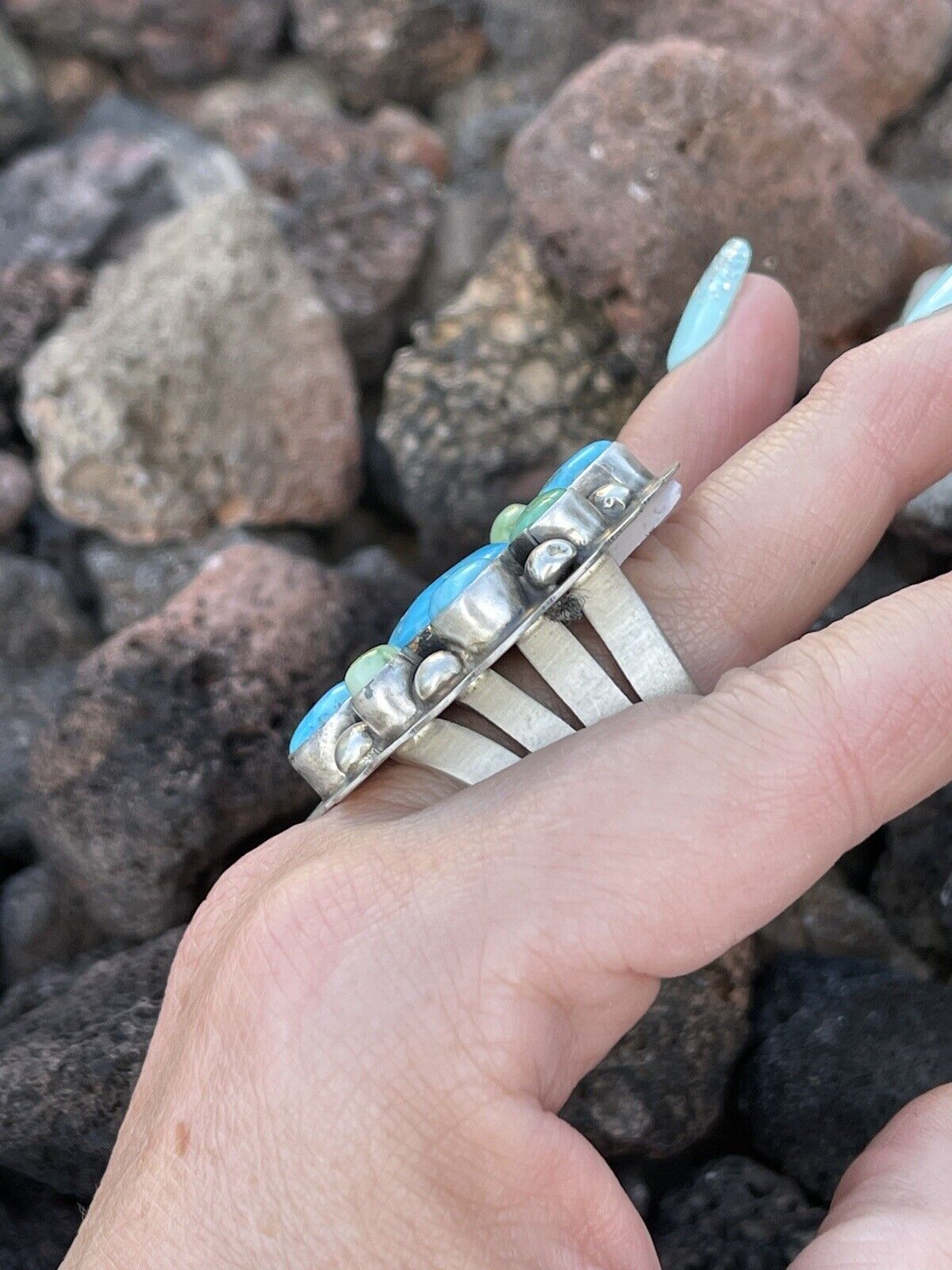 Navajo Sterling Sonoran Gold And Golden Hills Turquoise Cluster Ring Size 8.5