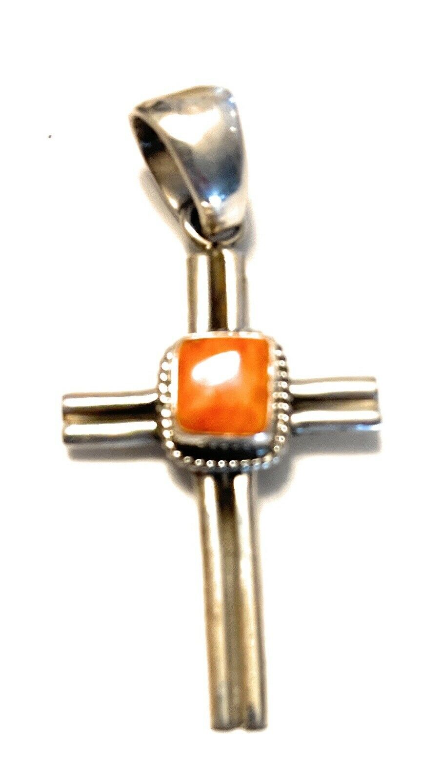 Handcrafted Sterling Silver & Orange Spiny Shell Cross Pendant Signed