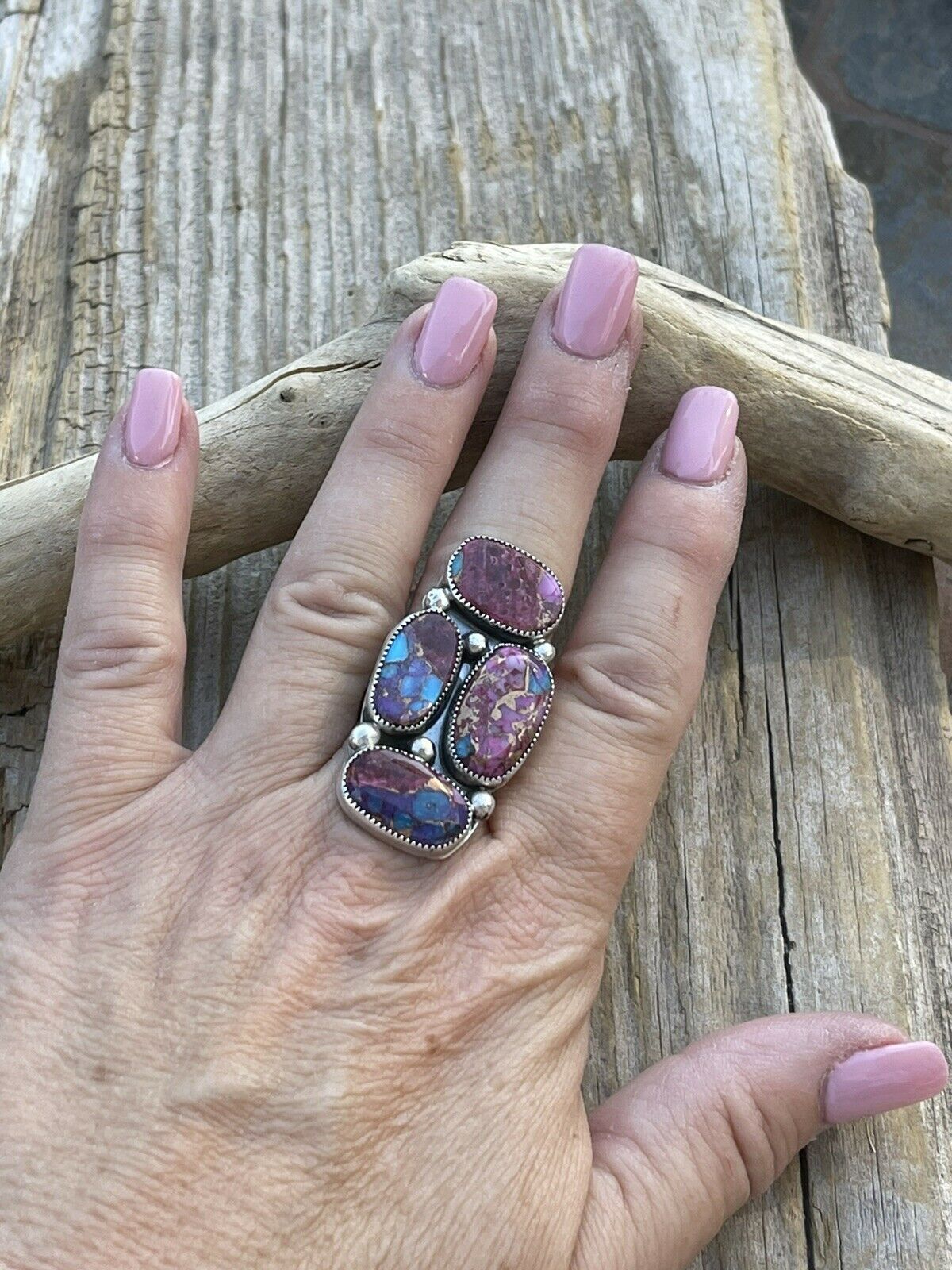 Handcrafted 4 stone Pink Dream Mohave & Sterling Silver Ring Size 6