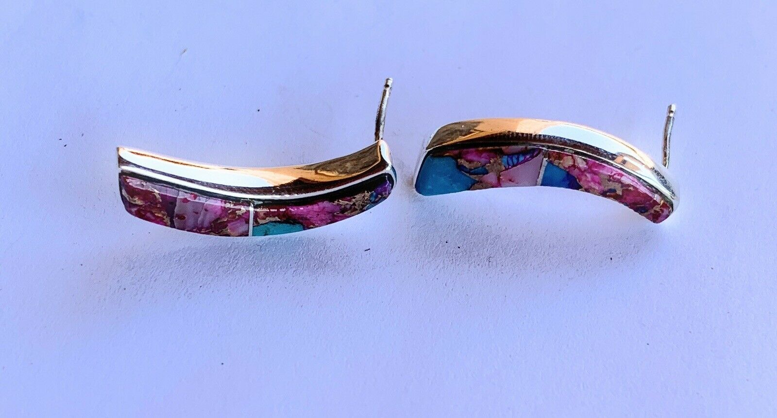 Handcrafted Pink Dream Mohave & Sterling Silver Crescent Stud Earrings