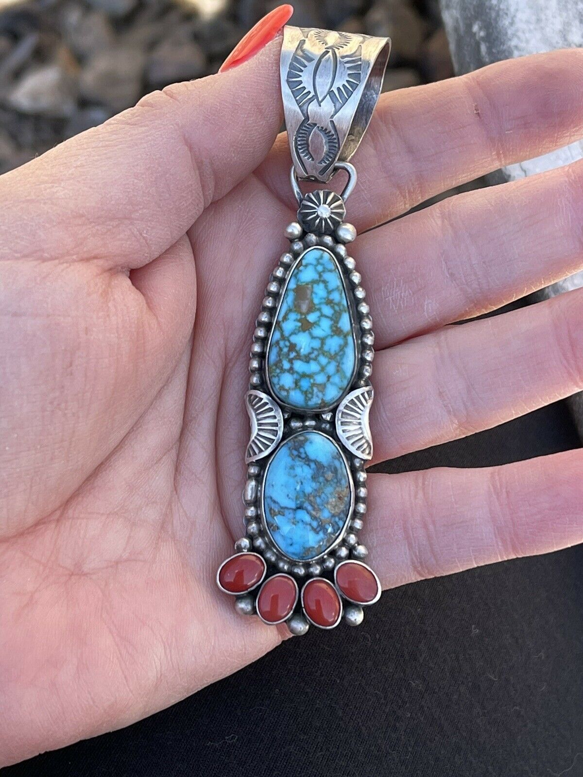 Handcrafted Sterling Kingman Web Turquoise & Red Coral Taos Pendant Danny Clark