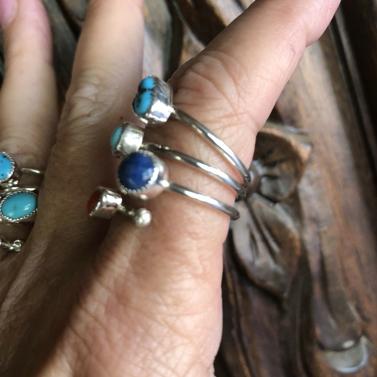 Handcrafted Turquoise, Lapis and Coral Sterling Silver ring