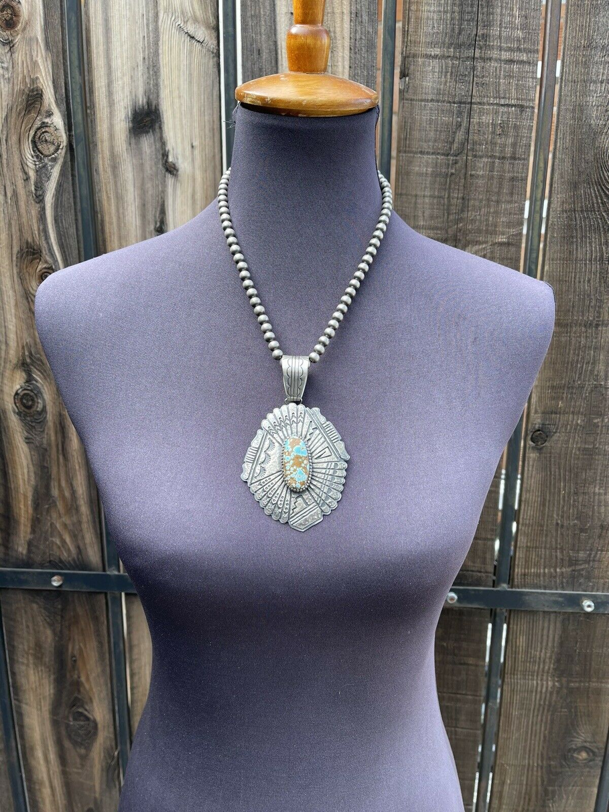 Handcrafted Number 8 Turquoise & Sterling Tufa Cast Jumbo Pendant Signed