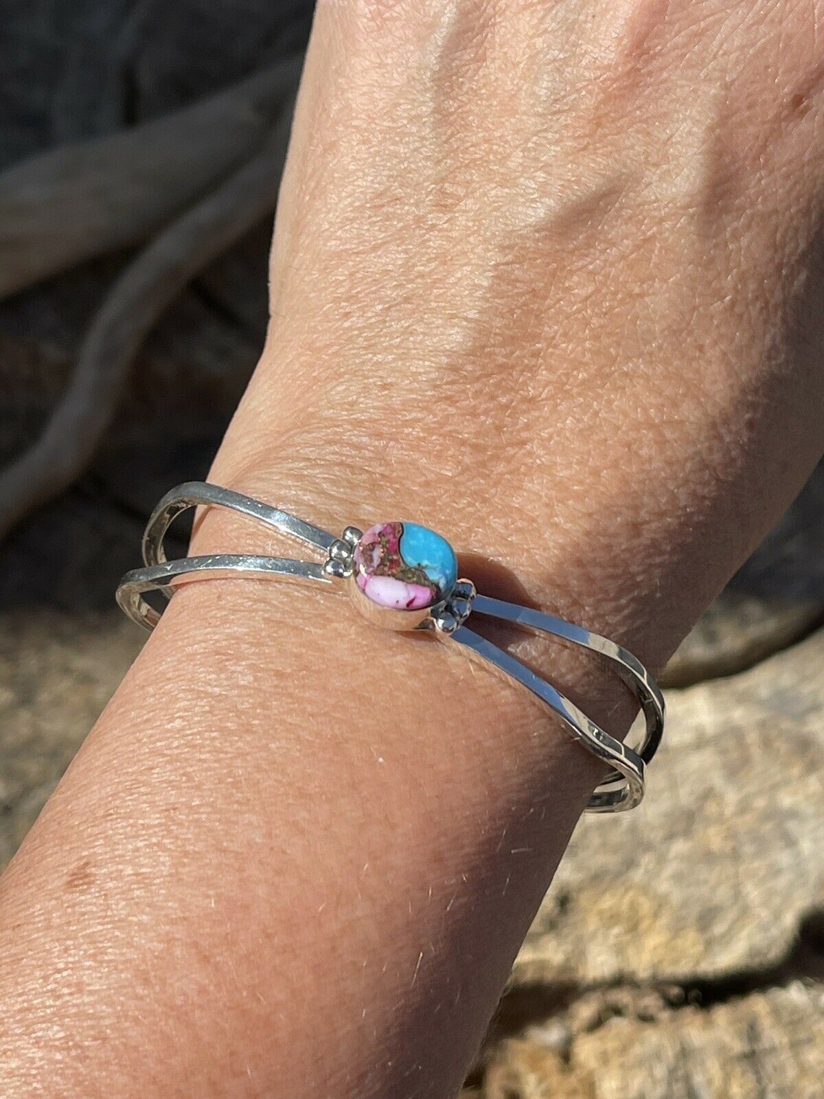 Handcrafted Pink Dream Mohave Sterling Silver Cuff Stacker Bracelet Signed