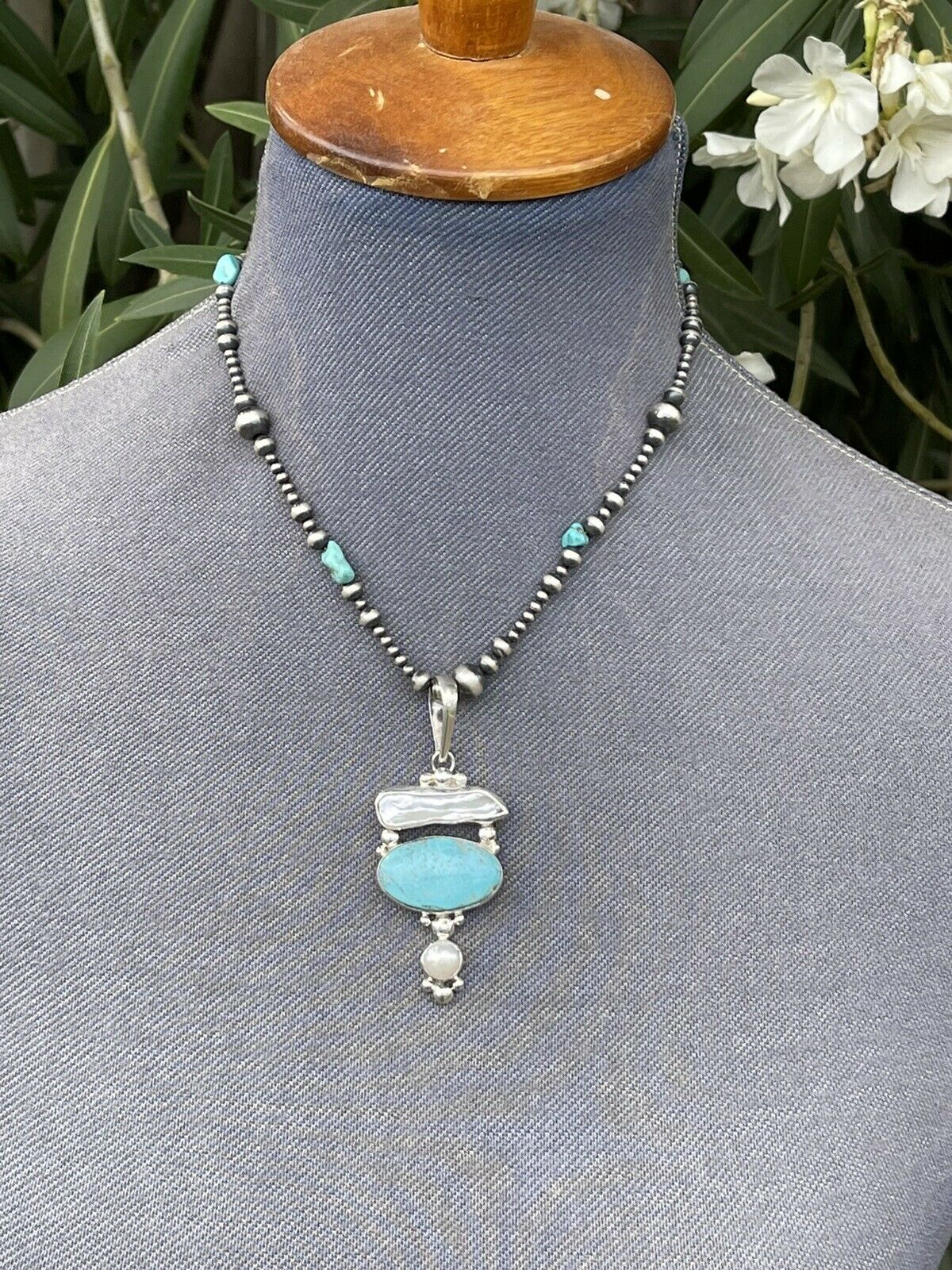 Handcrafted Turquoise & Mother Of Pearl Sterling Silver Pendant