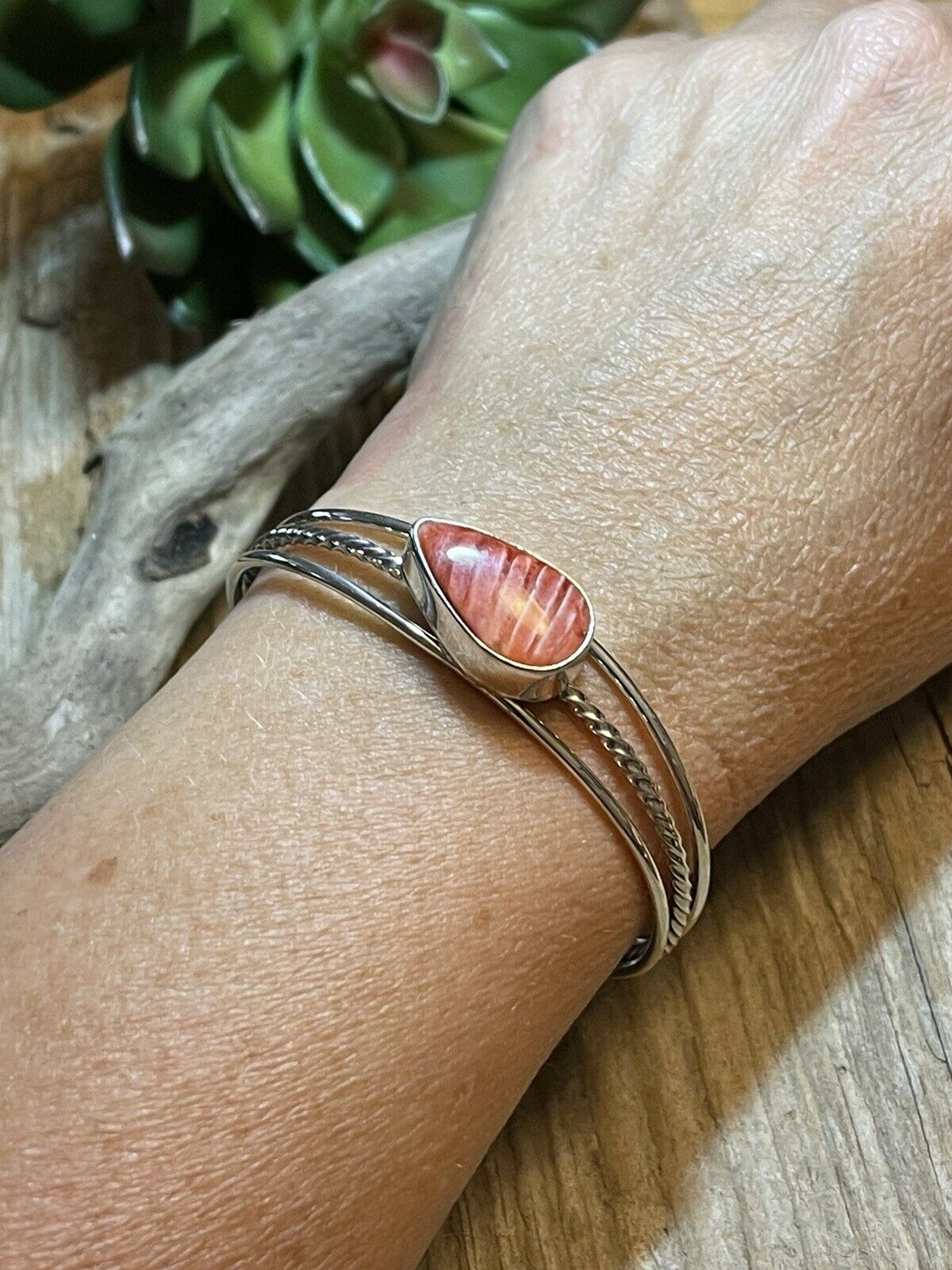 Handcrafted Teardrop Orange Spiny Sterling Silver Bracelet Rope Style Cuff