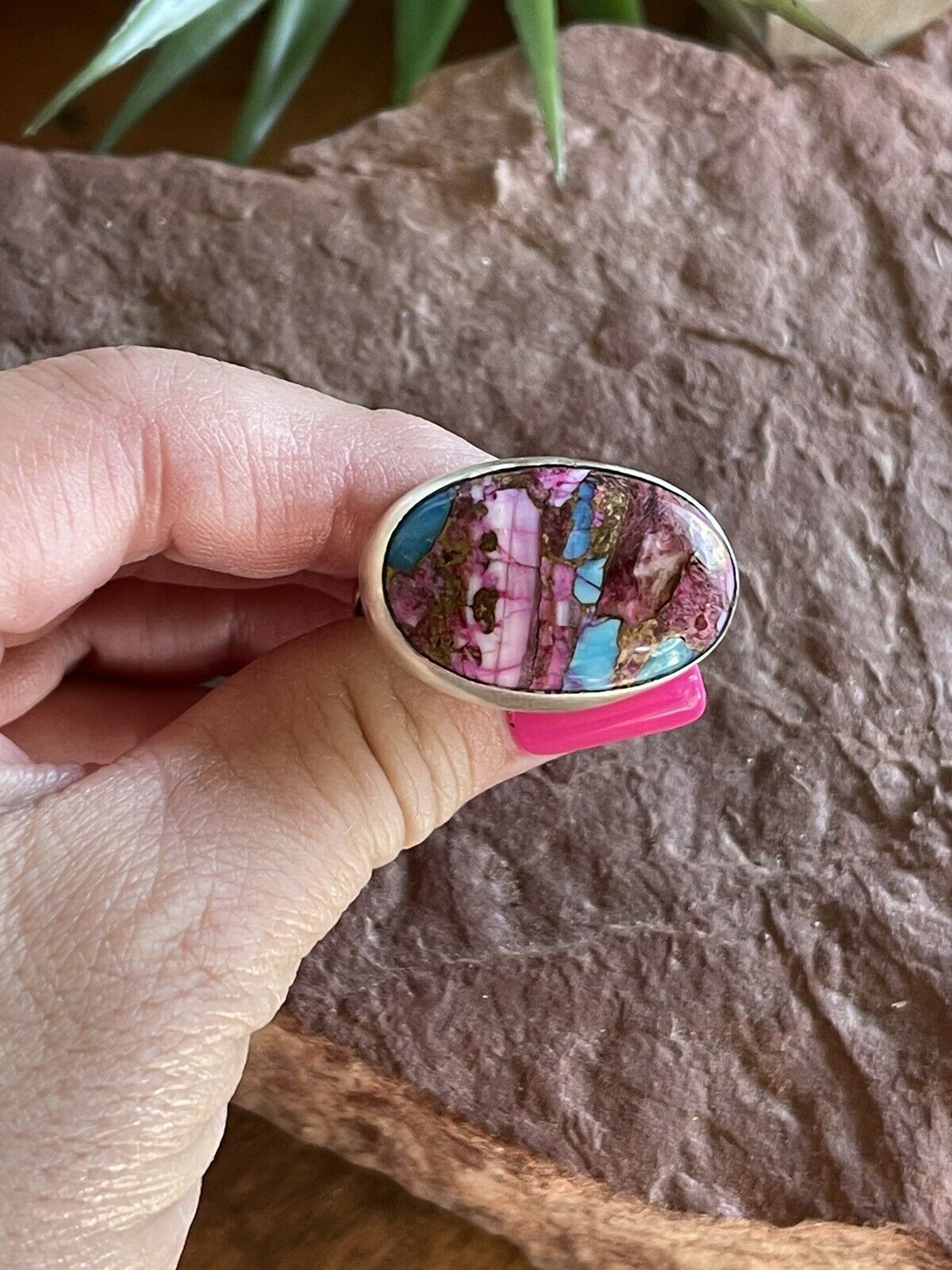 Handcrafted Pink Dream Mojave Oval Rope & Sterling Silver Adjustable Ring