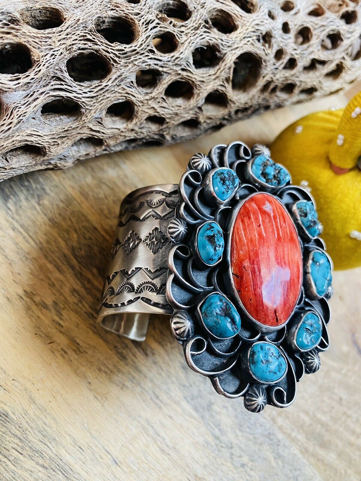 Navajo Turquoise, Orange Spiny & Sterling Silver Cuff Bracelet Signed /