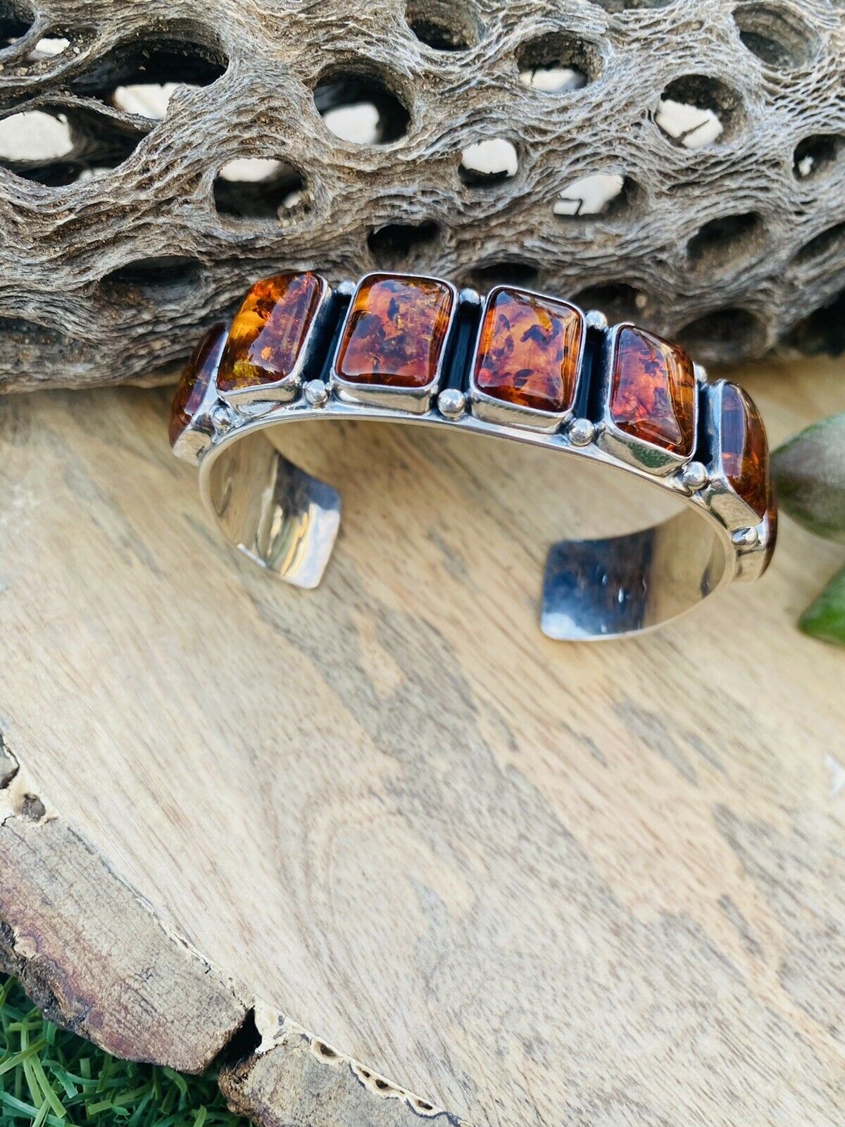 Handcrafted Sterling Silver Topaz Cuff Bracelet Signed