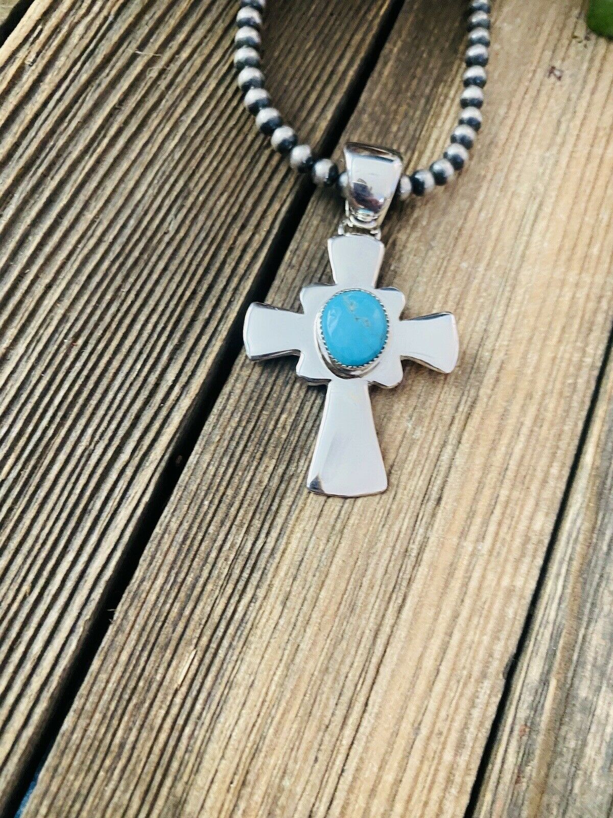 Handcrafted Sterling Silver & Turquoise Cross Pendant Signed