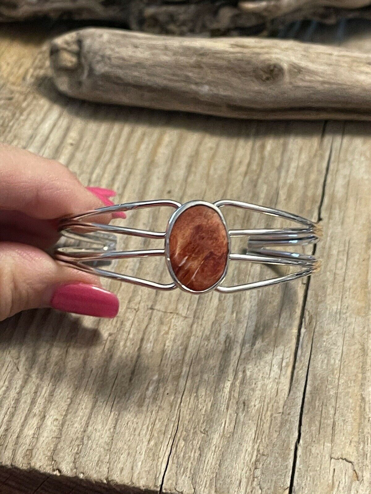 Handcrafted Orange Spiny Sterling Silver Bracelet Loop Cuff Stamped Begay