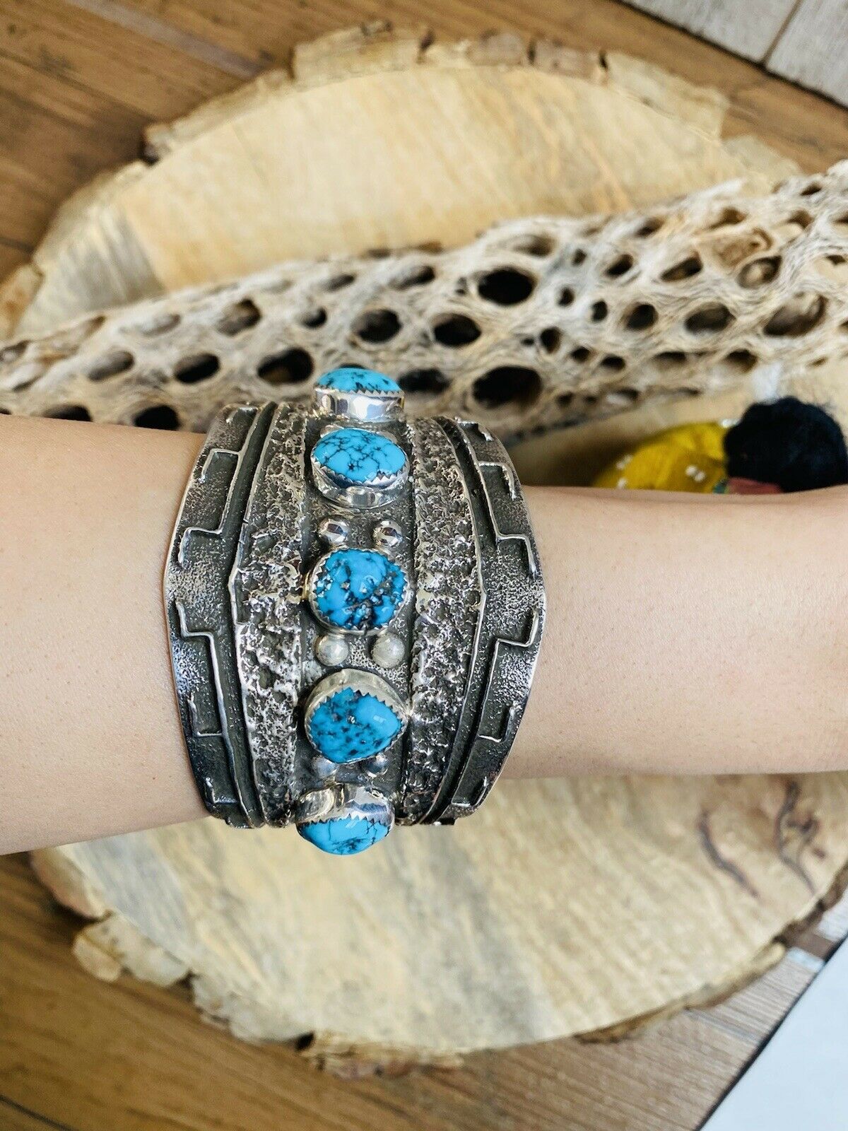 Handcrafted Kingman Turquoise & Hand Stamped Sterling Silver Cuff Bracelet