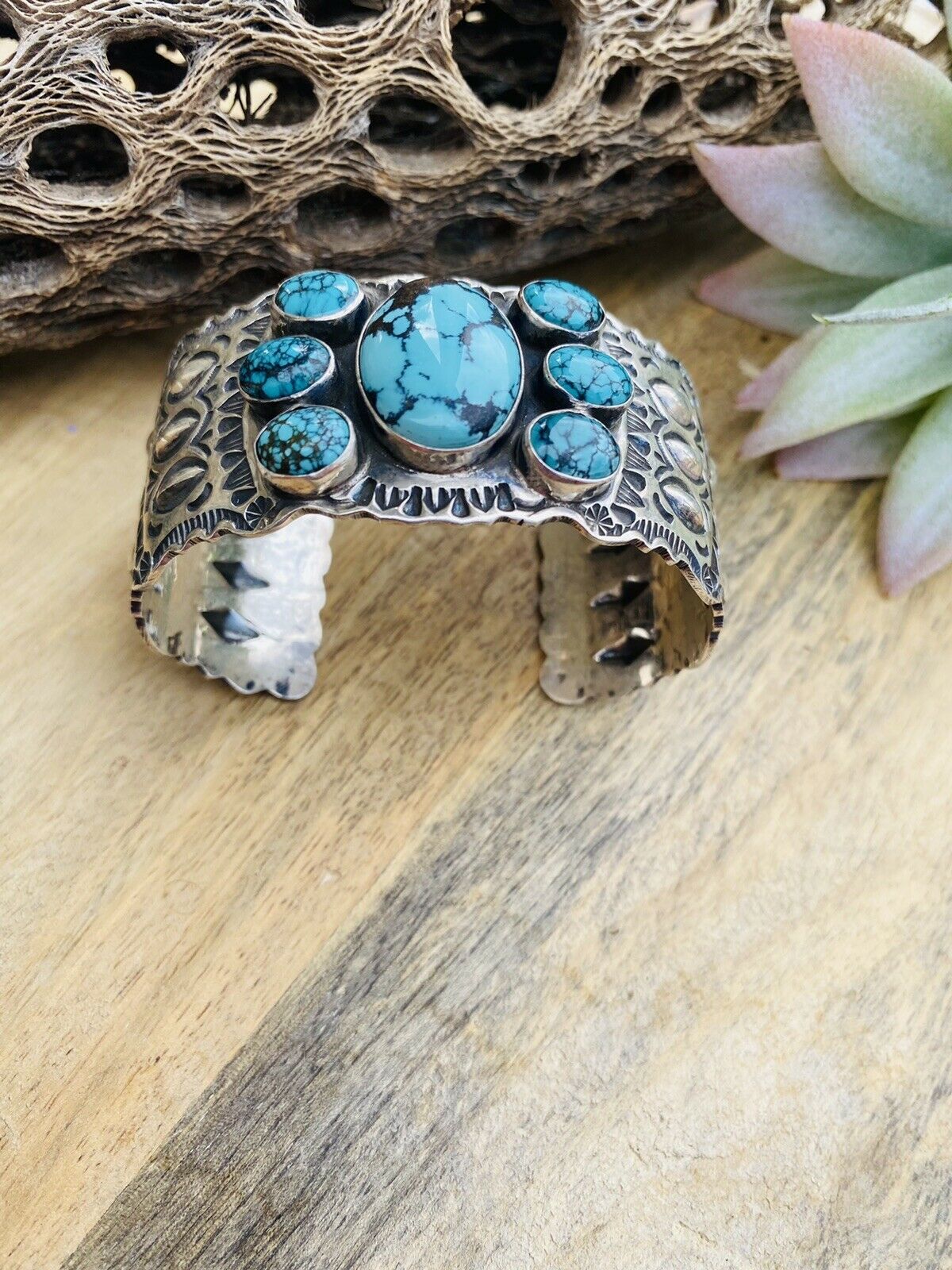 Vintage Navajo Turquoise & Sterling Silver Hand Stamped Cuff Bracelet /
